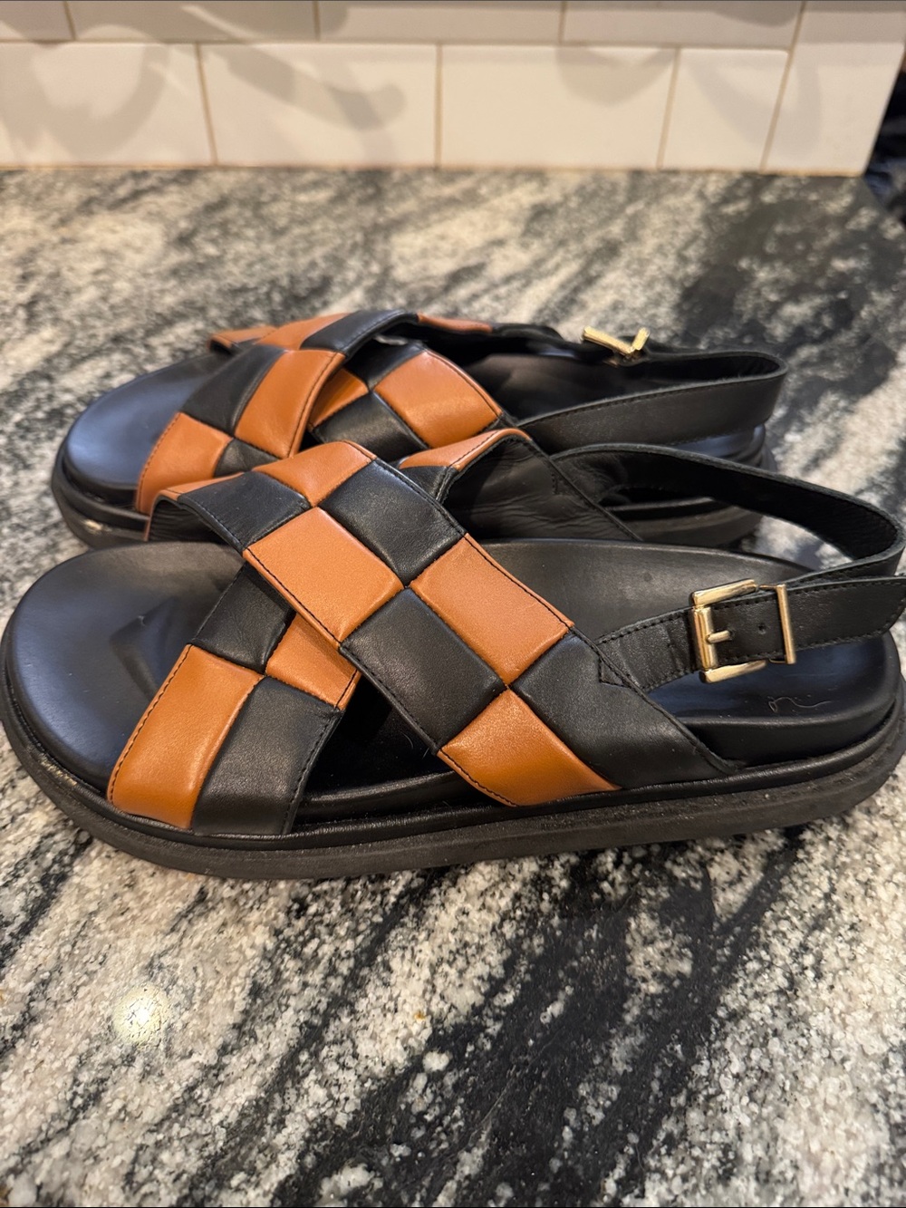 ALOHAS Black and Tan Woven Leather Slingback Sandals - Picture 6 of 13